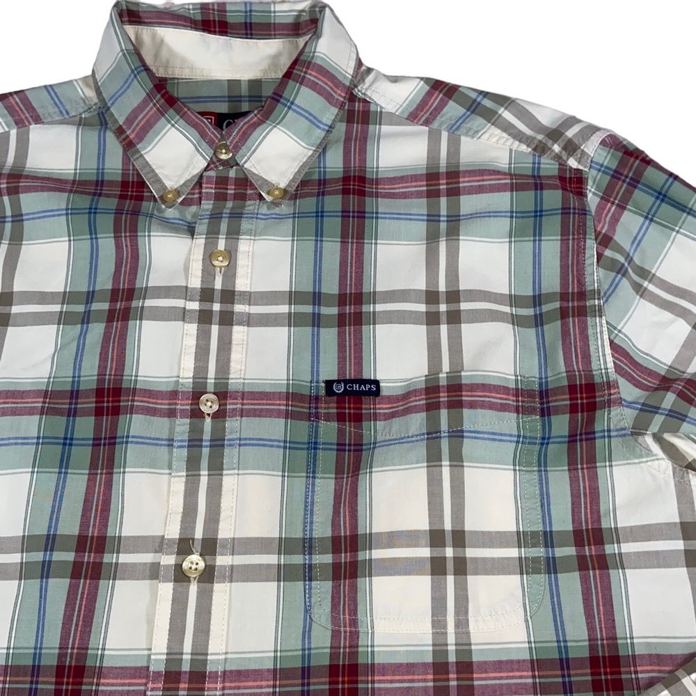 CHAPS Plaid Men’s Medium Button Down Shirt Cream Green Red Blue - Picture 2 of 11